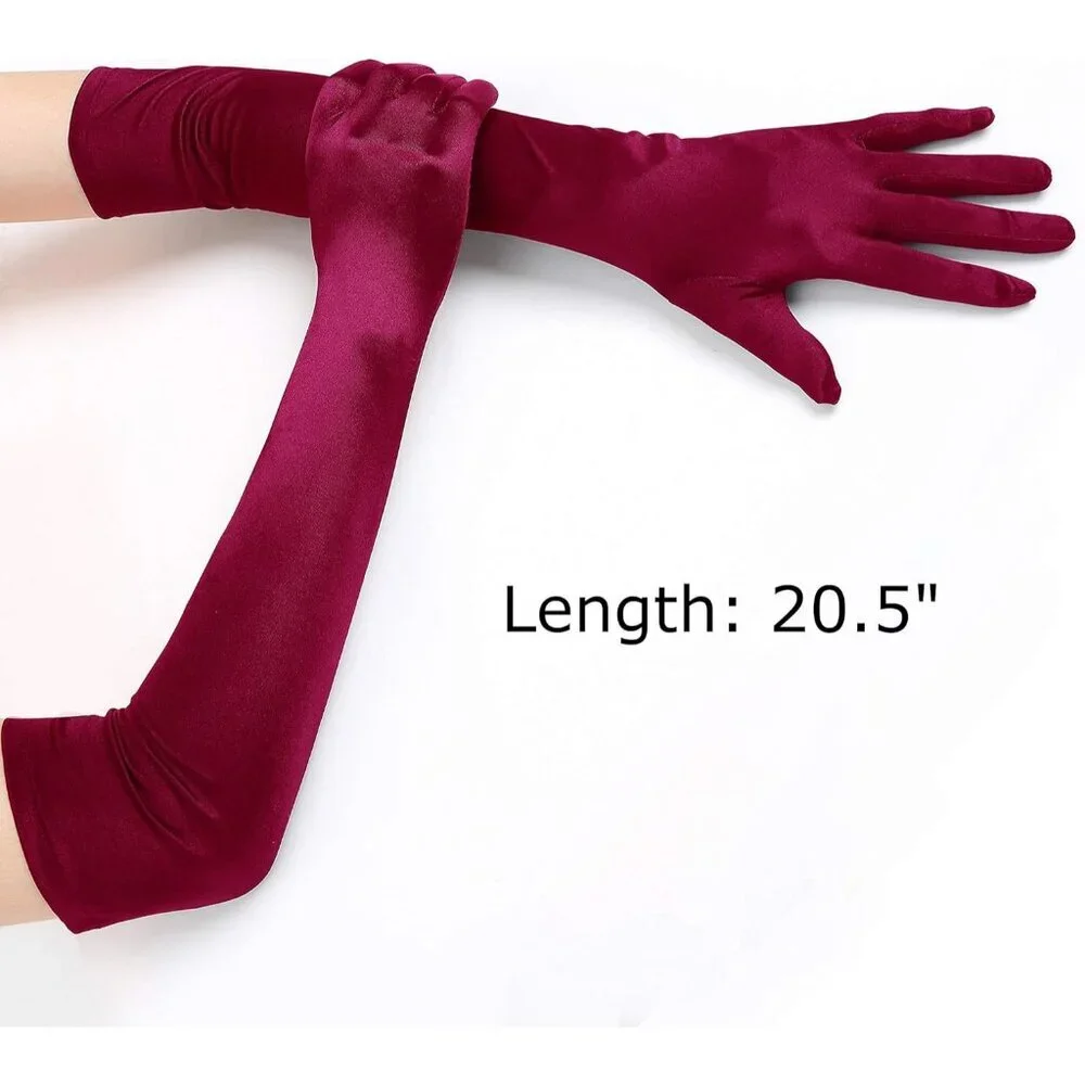 Women's Smooth Wine Red Long Satin Gloves Elbow Length Party Costume Accessory